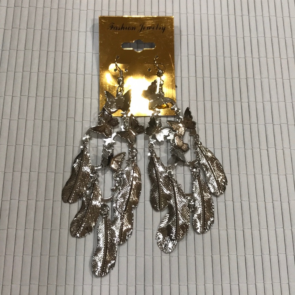 Silver Butterfly and Feathers Earrings